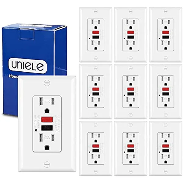 (10 Pack) UNIELE GFCI Receptacle Outlet - 15 Amp Tamper-Resistant (TR) Ground Fault Circuit Interrupter, GFI Outlets with LED Ind