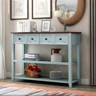 Solid Wood Console Table, Classic Entryway Table with Two Shelfs and Drawers for Home Rosecliff Heights Table Top Color: Brown