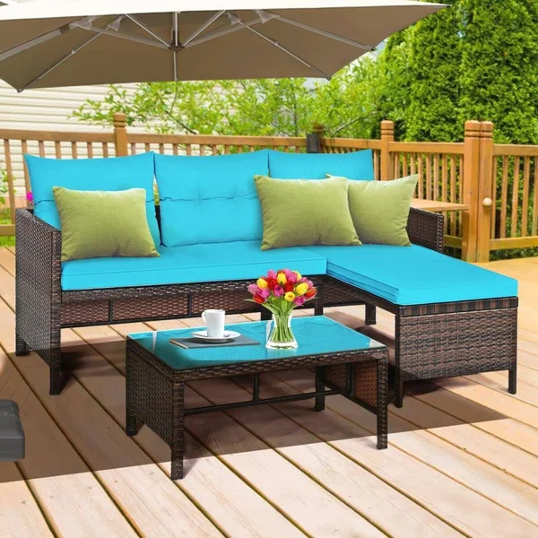 Clihome Brown Steel Frame 3 Piece Outdoor Patio Corner Rattan Sofa Set with Blue Cushions - CWCH-HW63870TU