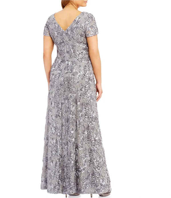 Alex Evenings Plus Size Floral Rosette Short Sleeve A-Line Gown - 16W