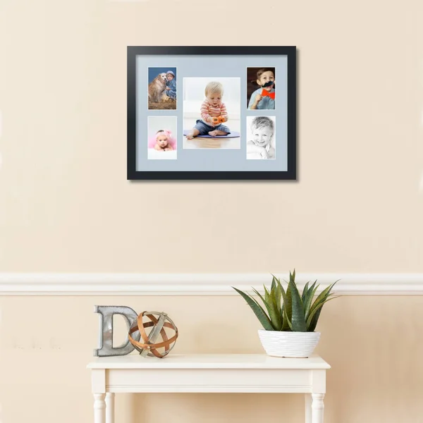 Collage Picture Frame, Satin Black Frame with 5 openings for 8x10 Photos with Baby Blue Mat. D3926FT1325, ArtToFrames