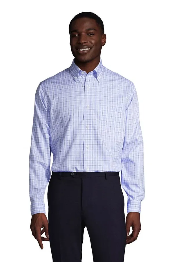 Men's Slim Fit Pattern No Iron Supima Pinpoint Buttondown Collar Dress Shirt - Lands& End - Blue - 15/34