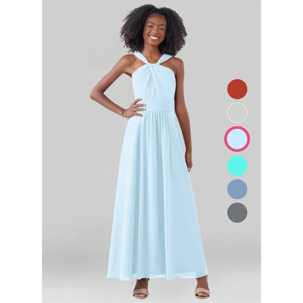 Azazie A-Line/Princess V-Neck Ankle-Length Chiffon Junior Bridesmaid Dresses - Sky Blue
