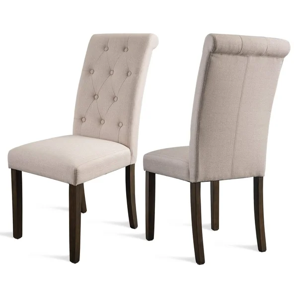 Beige Linen Tufted Dining Chair with Solid Wood Legs (Set of 2)
