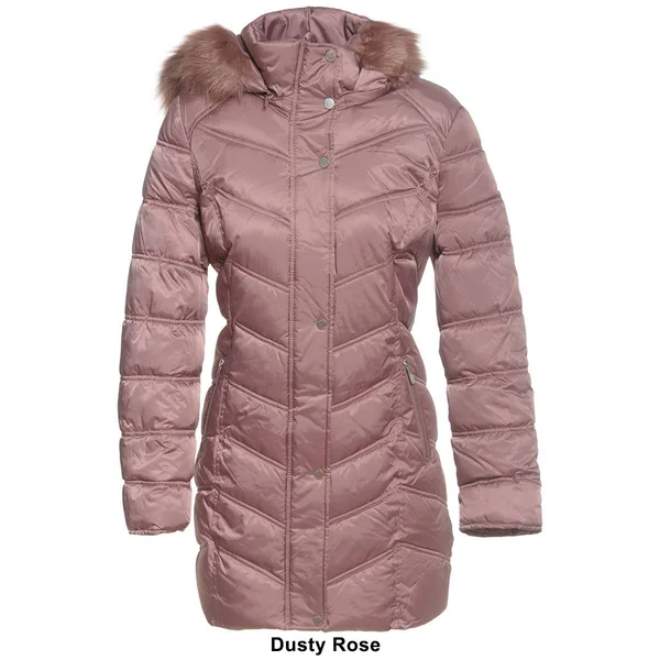 Kenneth Cole Chevron Quilted Coat with Faux Fur Hood Black