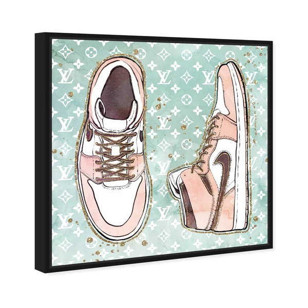 Oliver Gal 'Blush Fashion Sneakers' Fashion and Glam Wall Art Framed Canvas Print Shoes - Pink - Green - 40 x 40 - Gold