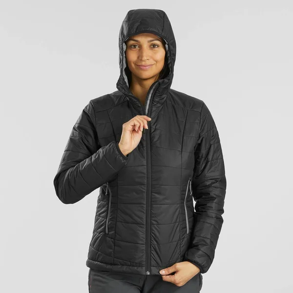 Forclaz Women's Trek 100 - Light Backpacking Padded Down Jacket with Hoodie in Grey Blue, Size Xs