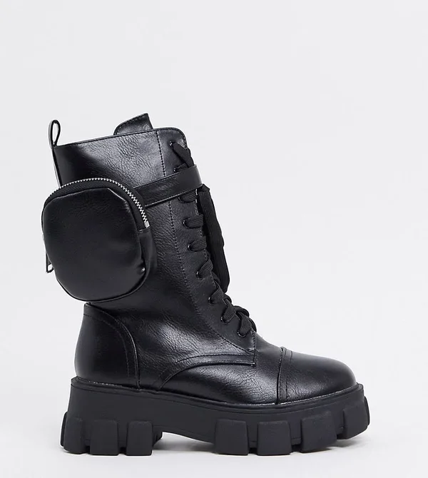 Public Desire Wide Fit Intention Chunky Calf Boot with Pouch in Black