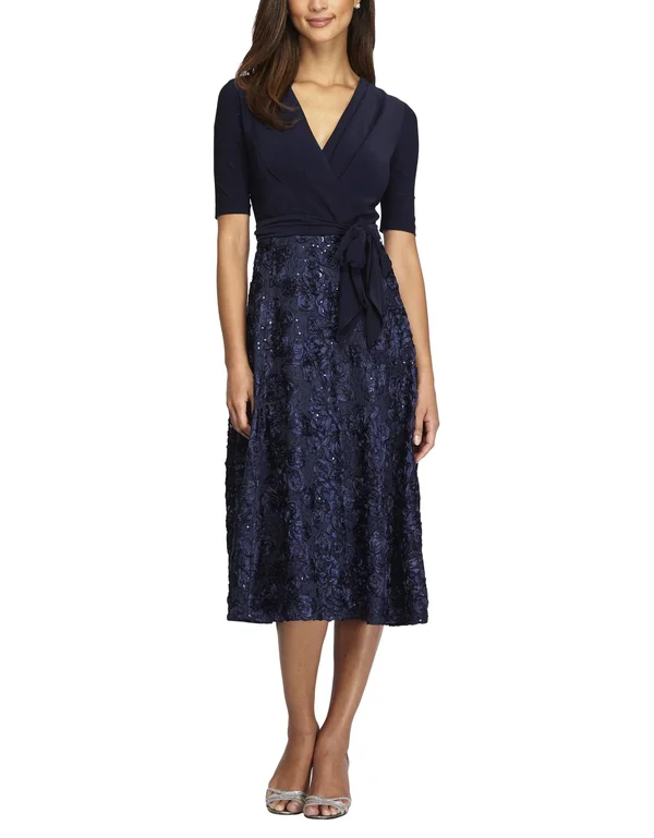 Alex Evenings Petite Rosette-Skirt Fit & Flare Dress - Navy