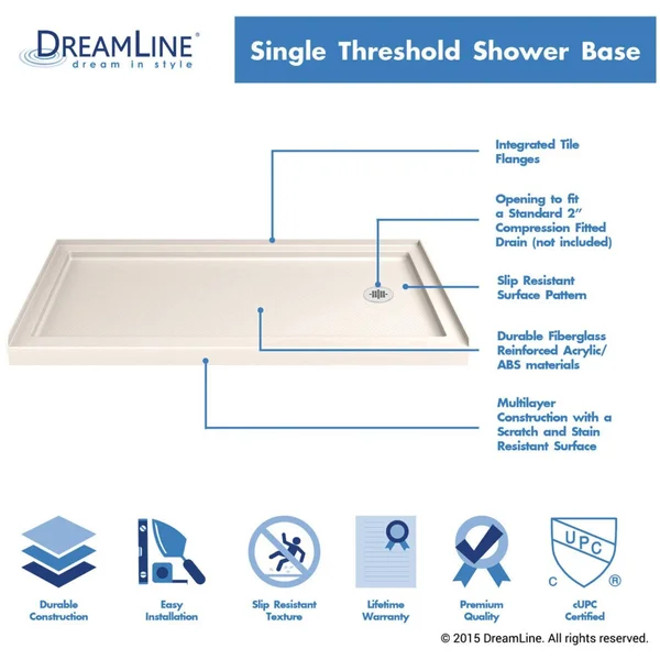 DreamLine DLT-1130602-22 Slimline 30x22D x 60x22W x 2 3/4x22H Right Drain Single Threshold Shower Base in Biscuit