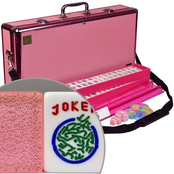 American Mahjong (Mah Jongg - Mahjongg) 166 Tiles All-in-One Racks, Pushers Set - Pink Sparkles with Pink Aluminum Case
