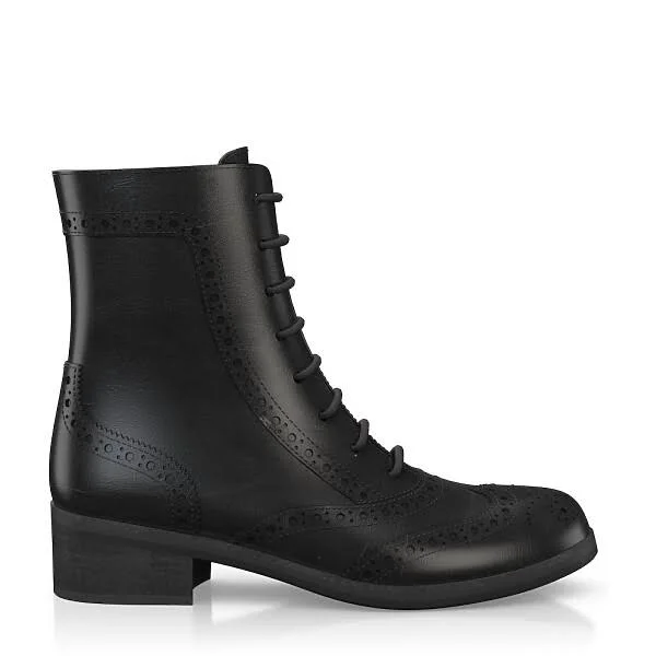 Women's Brogue Lace-Up Ankle Boots Large Size 4.5-13.5 Handmade with Black Leather, Laces, Zipper - Custom Design - Girotti