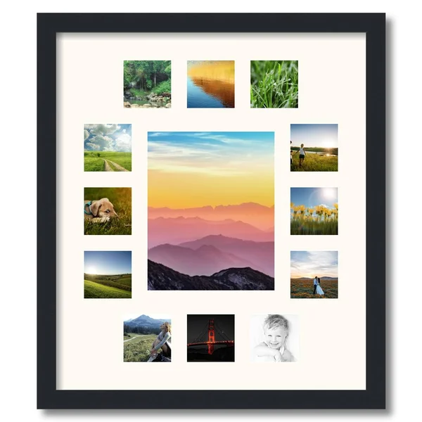Collage Picture Frame - Satin Black Frame with 13 openings for 8x10 Photos with White Mat. D3926IG676, ArtToFrames