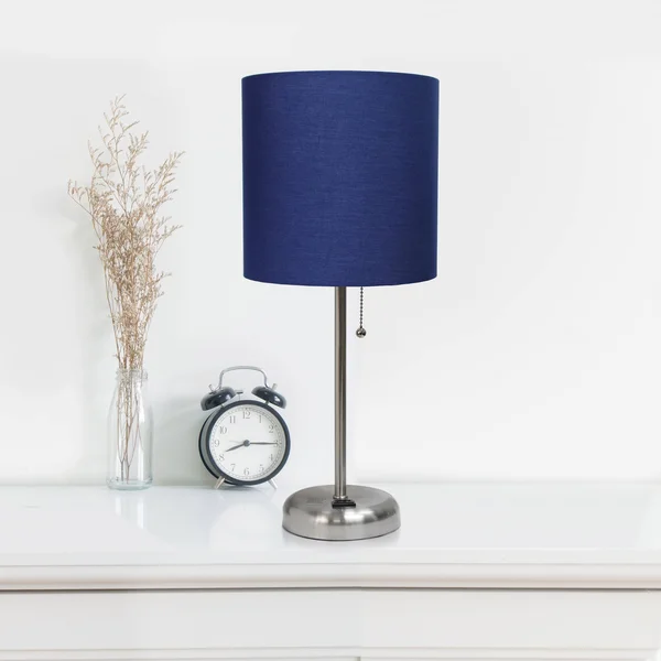 Limelights Brushed Steel Stick Lamp with Charging Outlet and Fabric Shade 2 Pack Set, Navy