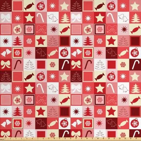 Ambesonne Christmas Fabric by The Yard - Xmas Candy Cones Stars Ribbons Hand Bells Pines Ornaments in Boxes, Upholstery Fabric fo