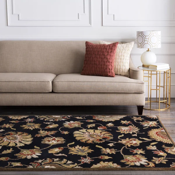 Traditional CAE Handmade Medium Pile Black Wool Classic Accent Rug