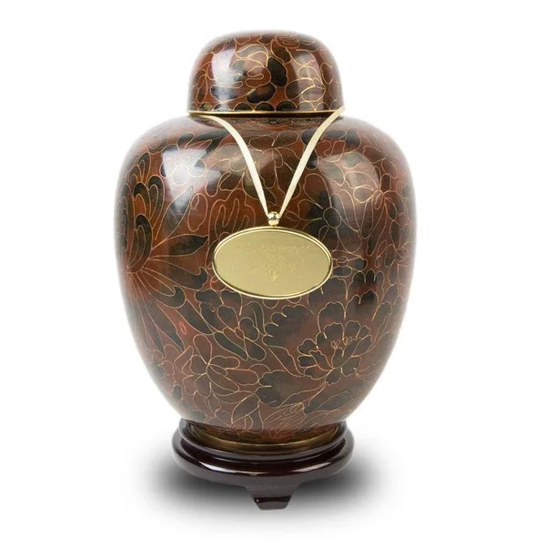 Floral Metal Cloisonne Cremation Urn - Large - Holds Up to 210 Cubic Inches of Ashes - Brown Cremation Urn for Ashes - Engraving