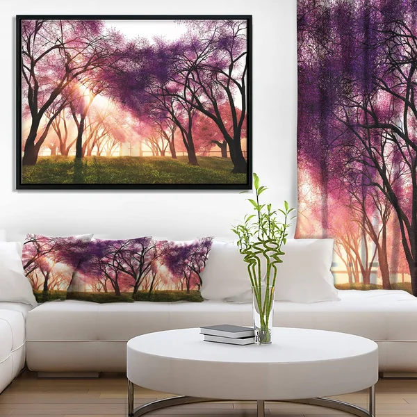 Designart 'Cherry Blossoms Japan Garden' Landscape Framed Canvas Art Print (42 in. Wide x 32 in. High) - Black, Design Art