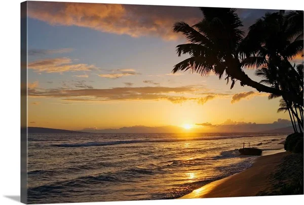Hawaii, Maui, Kaanapali Resort, Sunset with Beach and Palm Trees, Canvas Wall Art, 36x24, Great Big Canvas