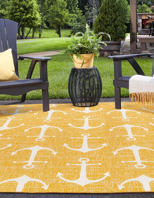 Outdoor Coastal 5 ft Square Yellow Area Rug Indoor Outdoor Rug