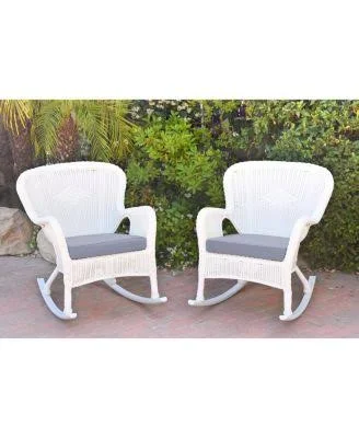 Jeco W00215-R_2-FS033 Set of 2 Windsor Espresso Resin Wicker Rocker Chair with Steel Blue Cushions
