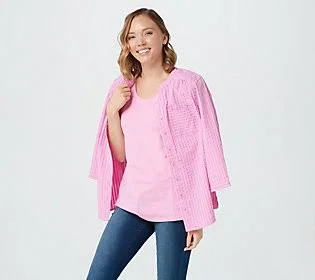 Denim & Co. Stretch SeersuckerTop with Tank, Size Small, Spring Pink