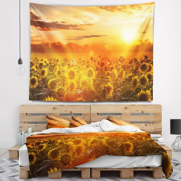 Designart 'Yellow Sunset Over Sunflowers' Floral Wall Tapestry - 80 in. x 68 in.
