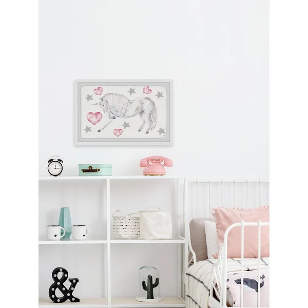 Marmont Hill Curly Unicorn Framed Wall Art, Size: 16 x 24, White