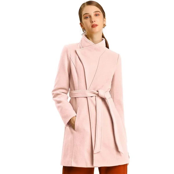 Women's Stand Collar Winter Belted Long Coat - Light Brown - Xs