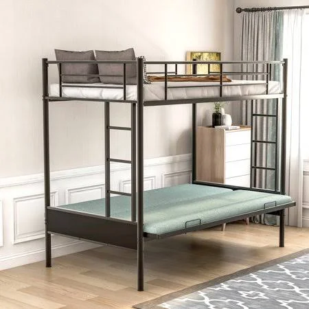 Rustic Twin Over Full Metal Bunk Bed - Convertible Twin Over Futon Bed, Black