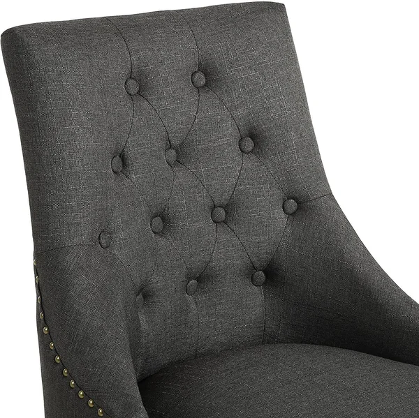 LSSBOUGHT Set of 2 Fabric Dining Chairs Leisure Padded Chairs with Black Solid Wooden Legs - Nailed Trim, Charcoal