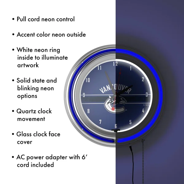 NHL Chrome Double Rung Neon Clock - Vancouver Canucks