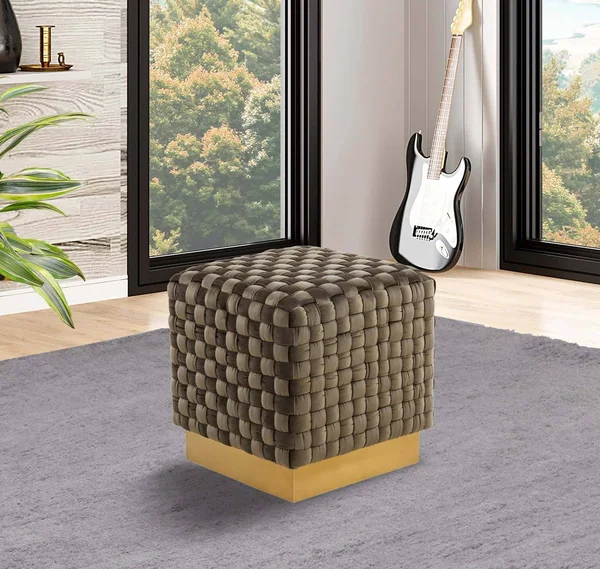 LeisureMod Myrtle 19x22 Square Weave Design Velvet Ottoman with Gold Base Dark Grey