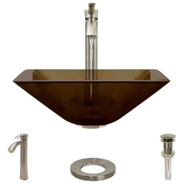Rene R5-5003-CAS-R9-7006 16-1/2x22 Glass Vessel Bathroom Sink with Vessel Faucet Cashmere - Brushed