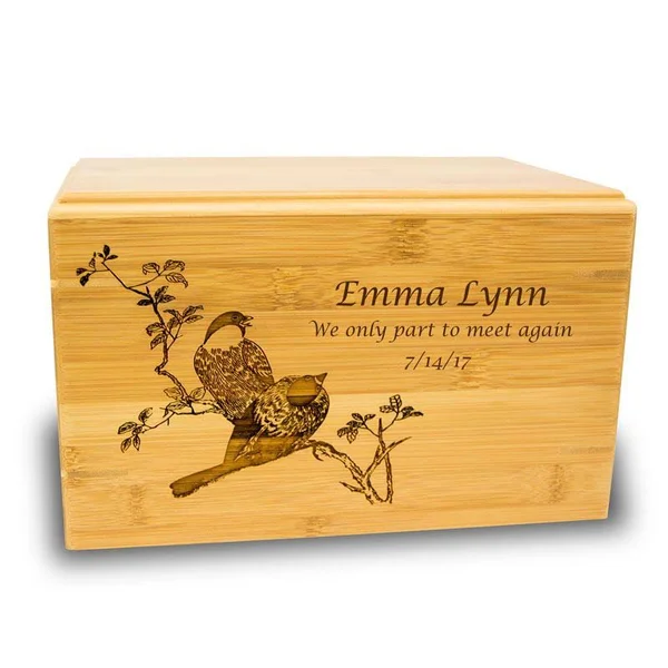 Oneworld Memorials Bamboo Box Cremation Urn - Large 200 Pounds - Natural Brown Spring Birds