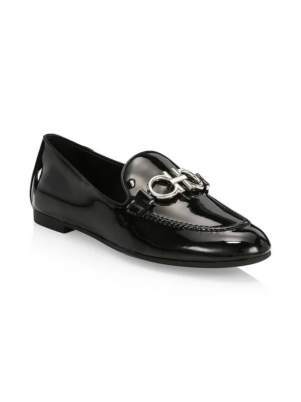 Salvatore Ferragamo Trifoglio Patent Leather Loafers Black