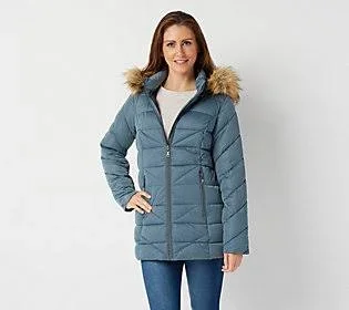 Nuage Stretch Diagonal Quilted Coat with Removable Hood - Size Large, Soft Blue