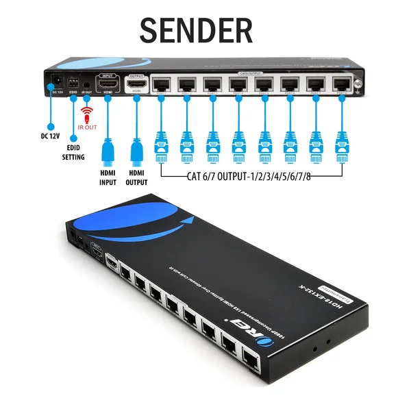 OREI HD18-EX132-K 1x8 HDMI Extender Splitter Over Single Cable CAT6/7 1080p with IR Remote EDID Management - Up to 132 ft - Loop