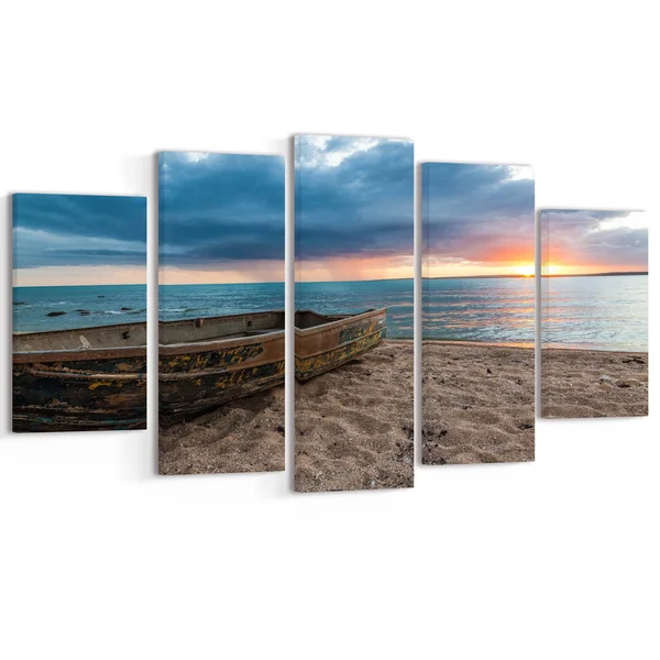 Design Art Rusty Row Boat on Sand at Sunset 5 Piece Photographic Print on Wrapped Canvas Set, Brown