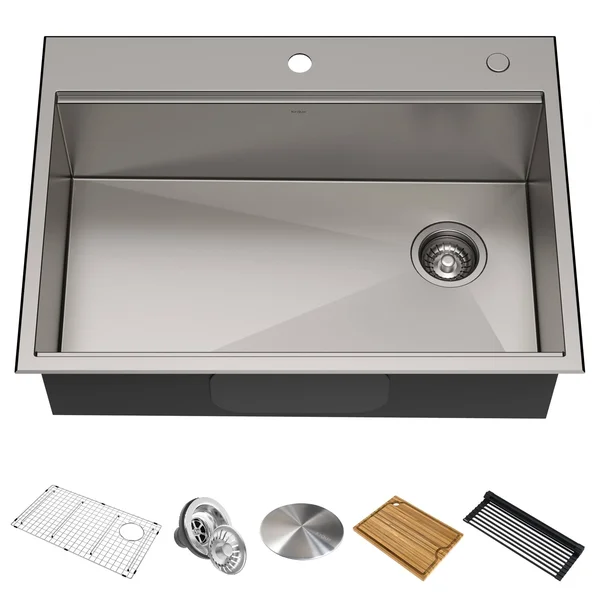 Kraus KWT310-30 Kore Workstation 30-Inch Drop-In or Undermount 16 Gauge Single Bowl Stainless Steel Kitchen Sink with Accessorie