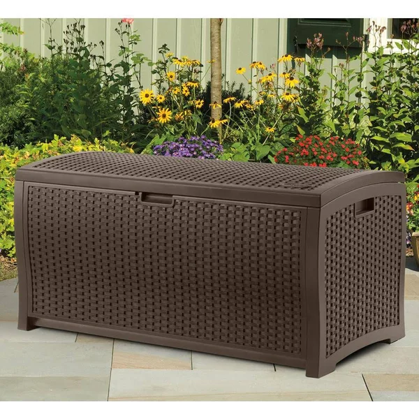 Suncast 73 Gallon Outdoor Deck Box & 99 Gallon Patio Garden Deck Box, Mocha
