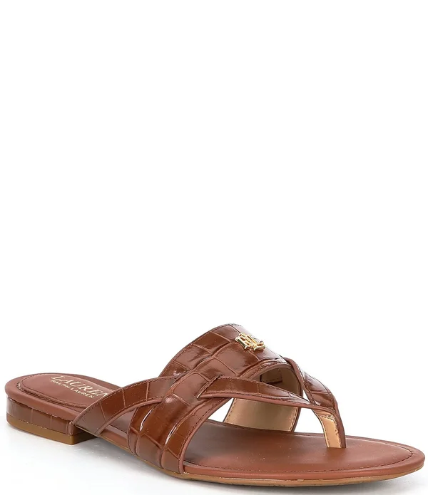 Lauren Ralph Lauren Rosalind Croco Embossed Leather Sandals, Womens, 10M, Deep Saddle Tan