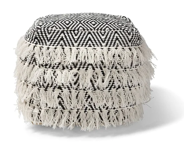 Baxton Studio Alain Moroccan Inspired Black and Ivory Handwoven Wool Tassel Pouf Ottoman