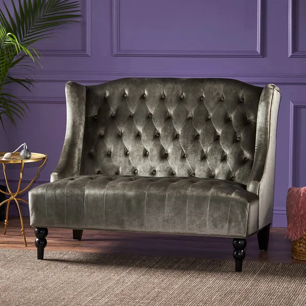 Leona Traditional High Back Tufted Winged Fabric Loveseat - Gray