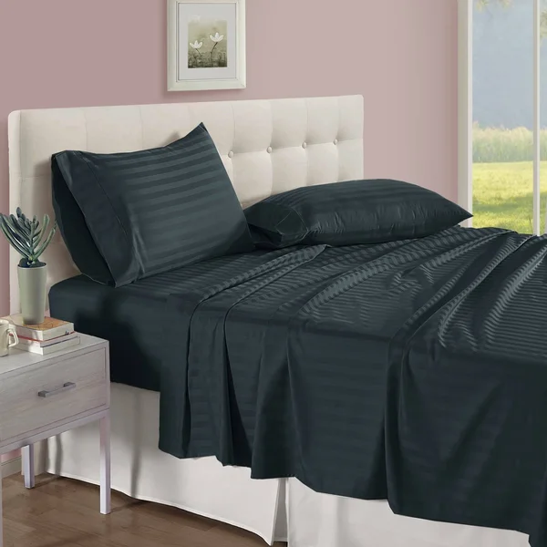Addy Home Fashions 100% Egyptian Cotton 500 Thread Count Damask Stripe 4 Piece Sheet Set, King - Dark Slate