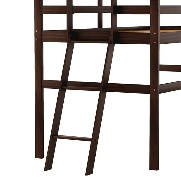 Wooden Twin Size Low Loft Bed with Ladder - Espresso