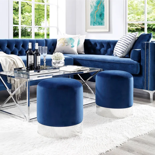 Inspired Home Elsa Velvet Round Ottoman with Metal Base, Navy/Chrome