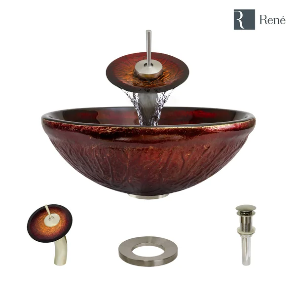 Rene R5-5018-WF-BN Red Lava Glass Bathroom Sink with Brushed Nickel Waterfall Faucet - Sink Ring, and Vessel Pop-Up Drain
