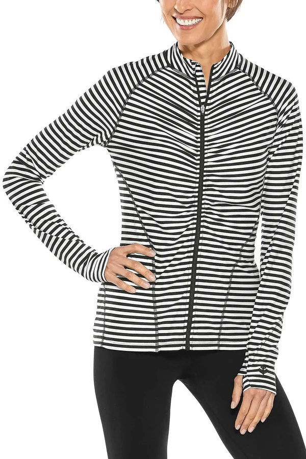 Coolibar Women's Atitlan Ruche Swim Jacket, UPF Protective Shirts for Women, White/Black Stripe, Medium