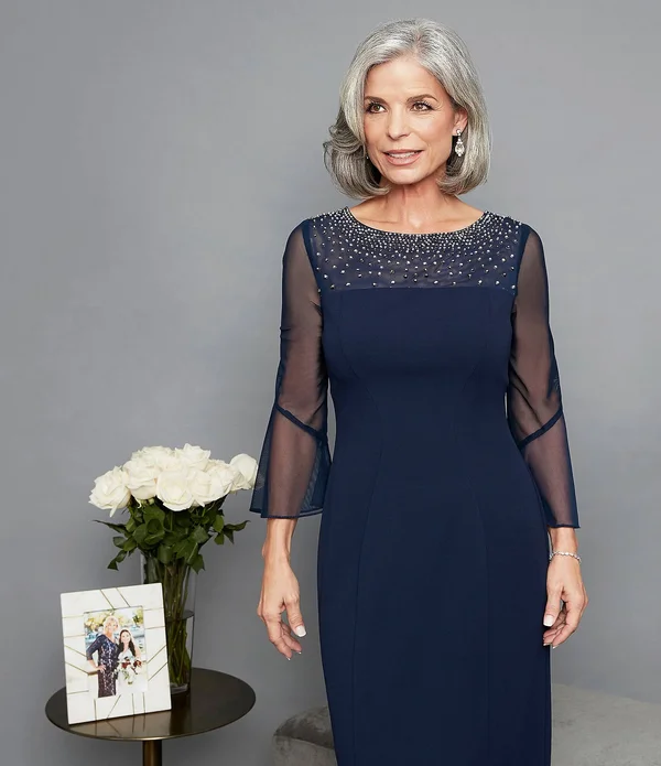 Alex Evenings Women's Illusion Bell Sleeve Sheath Dress - Navy Silver - Size 12